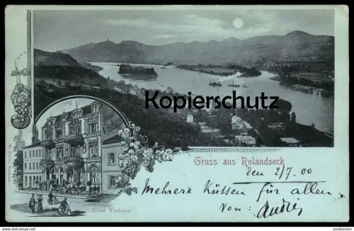 ALTE LITHO POSTKARTE GRUSS AUS ROLANDSECK HOTEL VICTORIA Mondschein Mond Ansichtskarte AK cpa postcard