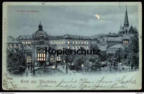 ALTE POSTKARTE GRUSS AUS WIESBADEN KOCHBRUNNENPLATZ HALT-GEGEN-DAS LICHT W. Hagelberg Hold-to-light postcard night nuit