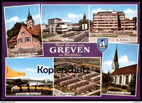 ÄLTERE POSTKARTE VIELE GRÜSSE AUS GREVEN IN WESTFALEN HANSAVIERTEL FLUGHAFEN BOEING 727 CONDOR postcard Ansichtskarte AK