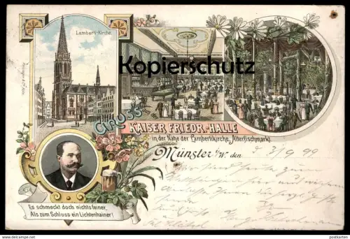 ALTE LITHO POSTKARTE GRUSS AUS DER KAISER FRIEDRICH HALLE NÄHE DER LAMBERTIKIRCHE ALTERFISCHMARKT MÜNSTER I.W. Billard