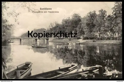 ALTE POSTKARTE GUMBINNEN FLUSSPARTIE MIT PISSABRÜCKE BOOTE GUSSEW GOESEV RUSSIA Russland cpa postcard AK Ansichtskarte