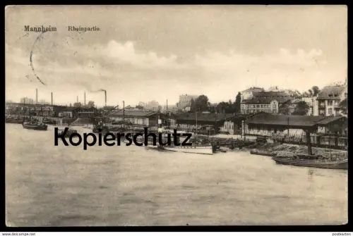 ALTE POSTKARTE MANNHEIM RHEINPARTIE FRACHTSCHIFF WAGGON EISENBAHN Zug Schiff Rhein Dampfer Hafen Ansichtskarte postcard