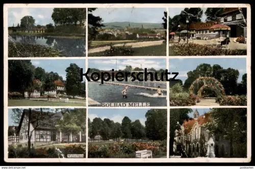 ALTE POSTKARTE SOLBAD MELLE 1942 RATHAUS WEBERHAUS RATHAUS BAD SCHWIMMBAD PANORAMA AK Ansichtskarte cpa postcard