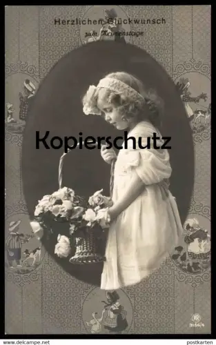 ALTE POSTKARTE HERZLICHEN GLÜCKWUNSCH ZUM NAMENSTAGE MÄDCHEN KIND ALTE TAPETE MIT GANS HUND HÜHNER cpa postcard