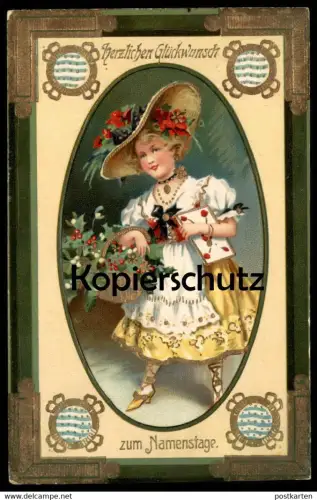 ALTE PRÄGE POSTKARTE HERZLICHEN GLÜCKWUNSCH ZUM NAMENSTAGE MÄDCHEN MIT HUT VERGOLDET ILEX Namenstag AK cpa postcard