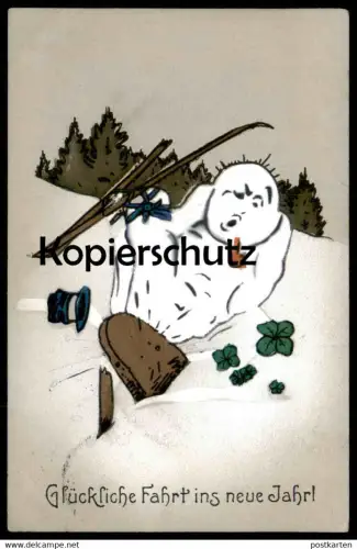 ALTE POSTKARTE GLÜCKLICHE FAHRT INS NEUE JAHR SCHNEEMANN UNFALL SKI Carl Diehl ? snowman skiing bonhomme de neige crash