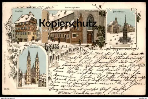 ALTE WINTER LITHO POSTKARTE GRUSS AUS NÜRNBERG SCHÖNER BRUNNEN DÜRERHAUS LORENZKIRCHE BRATWURSTGLÖCKLEIN cpa postcard