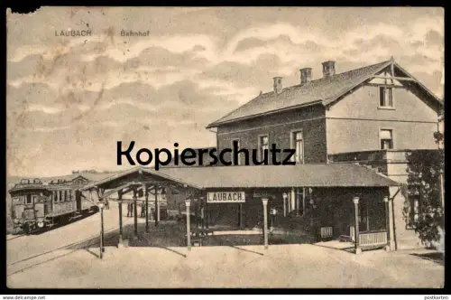 ALTE POSTKARTE LAUBACH HESSEN BAHNHOF MIT ZUG WAGGON station gare train cpa postcard Ansichtskarte AK