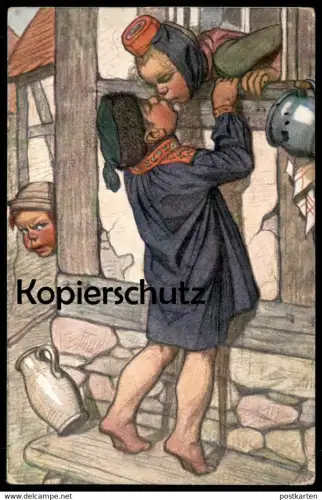 ALTE POSTKARTE KINDER KUSS EIFERSUCHT HESSISCHE TRACHT Hessen 1914 enfants children kiss traditional costume postcard