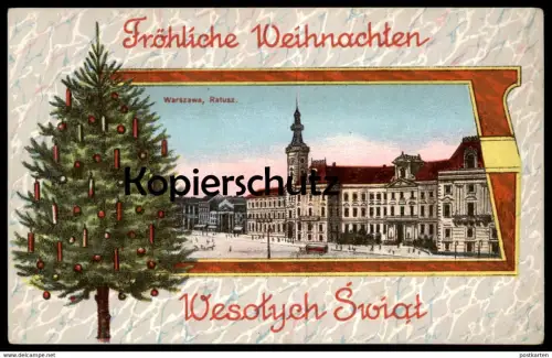 ALTE POSTKARTE WARSZAWA WESOTYCH SWIAT RATUSZ WARSCHAU FRÖHLICHE WEIHNACHTEN Tannenbaum Christbaum Tanne cpa postcard AK