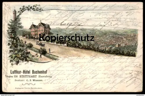 ALTE LITHO POSTKARTE LUFTKUR HOTEL BUCHENHOF TELEPHON 1266 STUTTGART HASENBERG BESITZER C. F. WANNER 1898 cpa postcard