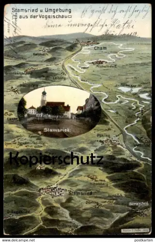 ALTE POSTKARTE STAMSRIED UND UMGEBUNG AUS DER VOGELSCHAU EUGEN FELLE PÖSING CHAM LOIBLING STRAHLFELD Ansichtskarte