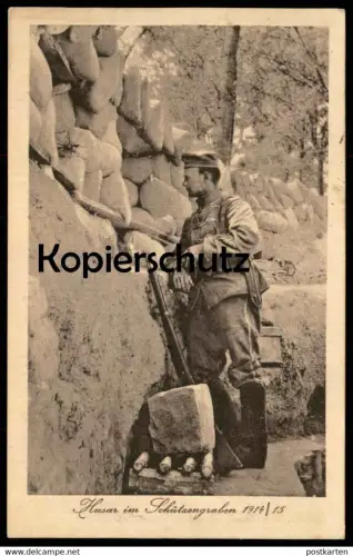 ALTE POSTKARTE HUSAR IM SCHÜTZENGRABEN 1914/15 WK I Stellung Unterstand Soldat soldier Stempel Regiment von Hindenburg