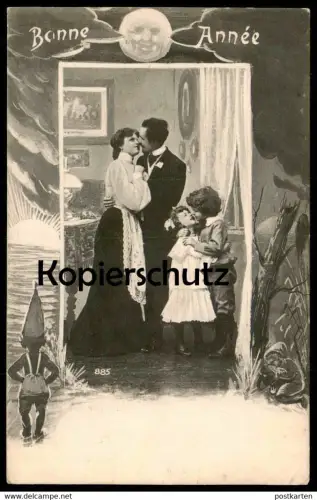 ALTE POSTKARTE BONNE ANNÉE KINDER KUSS Zwerg nain dwarf Paar couple enfants children Mond moon kiss cpa postcard AK
