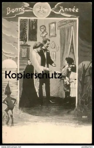 ALTE POSTKARTE BONNE ANNÉE Zwerg nain dwarf Paar couple Kinder enfants children Mond moon cpa postcard AK Ansichtskarte