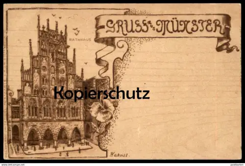 ALTE POSTKARTE GRUSS AUS MÜNSTER RATHHAUS Rathaus Holzbrandmalerei Holzbrand-Imitation sign. Hahnel AK Ansichtskarte