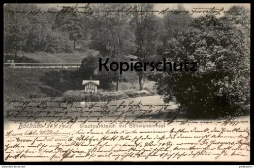 ALTE POSTKARTE BOCHUM STADTPARKTEICH MIT SCHWANENINSEL Stadtpark Park Teich Ansichtskarte AK postcard cpa