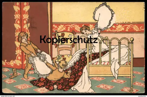 ALTE KÜNSTLER POSTKARTE LYON MERCIER & MARQUET COSTUMES POUR ENFANTS KINDER Kind fillettes children pillow fight cpa AK