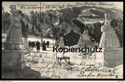 ALTE POSTKARTE WINTERSPORTPLATZ GARMISCH PARTENKIRCHEN SCHNEEFIGUREN Schlitten Eisfigur 1914 cpa postcard Ansichtskarte