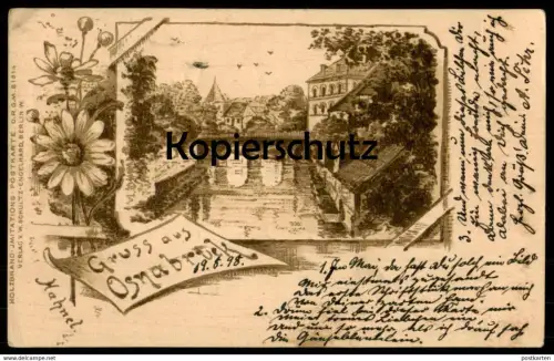 ALTE POSTKARTE GRUSS AUS OSNABRÜCK 1898 HOLZBRAND IMITATION HASE HAHNEL Blumen postcard Ansichtskarte cpa AK
