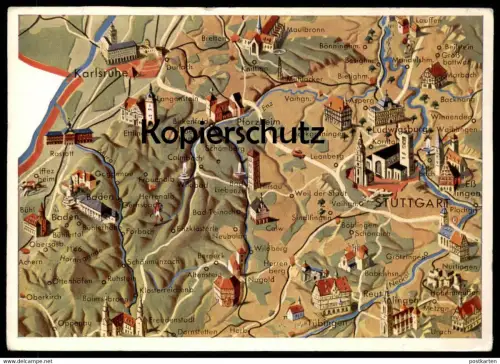 ALTE POSTKARTE STUTTGART NÖRDLICHER SCHWARZWALD LANDKARTE map Horb Tübingen Iffezheim Lauffen Marbach Pforzheim Rastatt