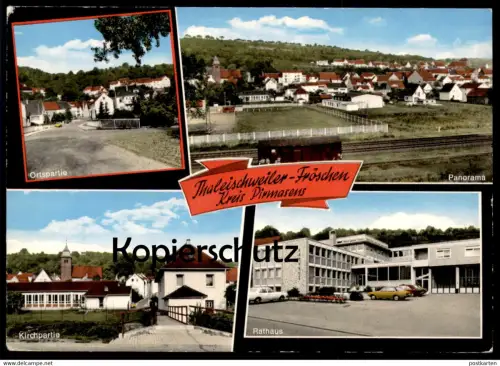ÄLTERE POSTKARTE THALEISCHWEILER-FRÖSCHEN THALFRÖSCHEN KREIS PIRMASENS ORTSPARTIE PANORAMA KIRCHPARTIE Opel Bahn Waggon
