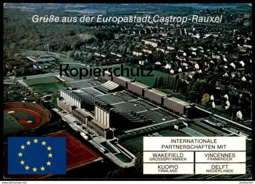 POSTKARTE GRÜSSE AUS DER EUROPASTADT CASTROP-RAUXEL WAKEFIELD VINCENNES KUOPIO DELFT Stadion stade stadium Autobahn cpa