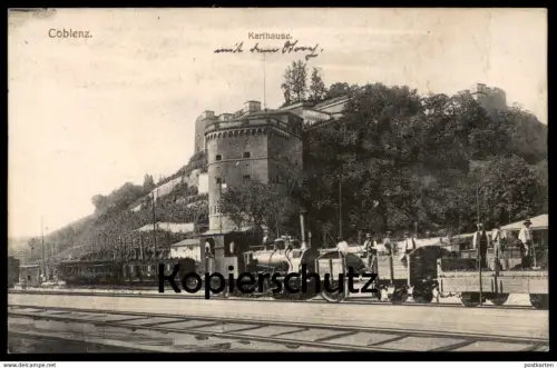 ALTE POSTKARTE KARTHAUSE COBLENZ KOBLENZ BAHNHOF MIT DAMPFLOK steam train locomotive à vapeur station gare cpa postcard