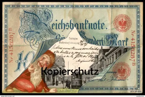 ALTE POSTKARTE SIEGEN BAHNHOFSTRASSE GELDSCHEIN ZWERG 100 MARK REICHSBANK money monnaie billet de banque Geld tramway