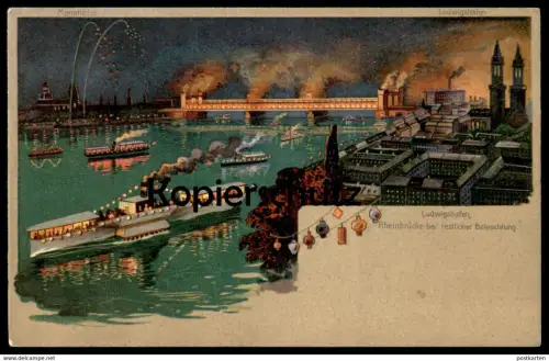 ALTE POSTKARTE LUDWIGSHAFEN MANNHEIM RHEINBRÜCKE BEI FESTLICHER BELEUCHTUNG & FEUERWERK fireworks feu d'artifice cpa AK