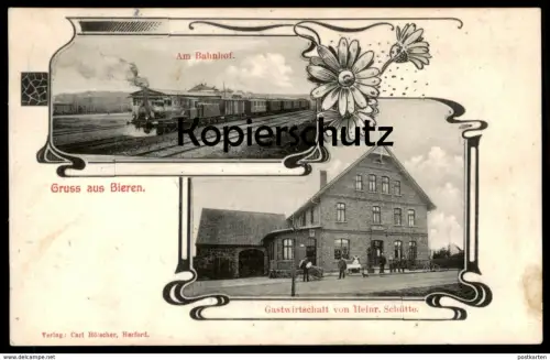ALTE POSTKARTE GRUSS AUS BIEREN BAHNHOF LOKOMOTIVE DAMPFLOK GASTHOF SCHÜTTE steam train locomotive à vapeur station gare