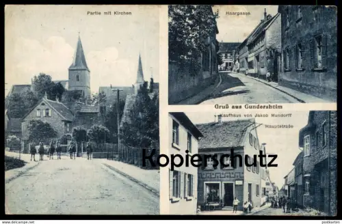 ALTE POSTKARTE GRUSS AUS GUNDERSHEIM HAARGASSE KAUFHAUS VON JAKOB MUNDORFF HAUPTSTRASSE Pferde horses postcard Wonnegau