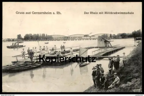 ALTE POSTKARTE GRUSS AUS GERMERSHEIM DER RHEIN MIT MILITÄRSCHWIMMSCHULE military school swimming bath soldat soldier cpa