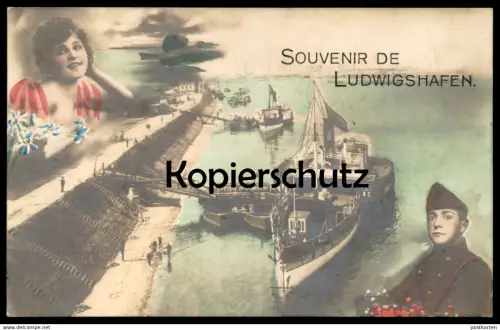 ALTE POSTKARTE SOUVENIR DE LUDWIGSHAFEN FOTOMONTAGE montage photo Marine Schiff Dampfer Soldat soldier ship cpa postcard