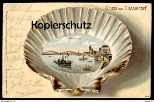 ALTE LITHO PRÄGEPOSTKARTE GRUSS AUS DÜSSELDORF PARTIE AM RHEIN MUSCHEL shell coquillage cpa postcard AK Ansichtskarte