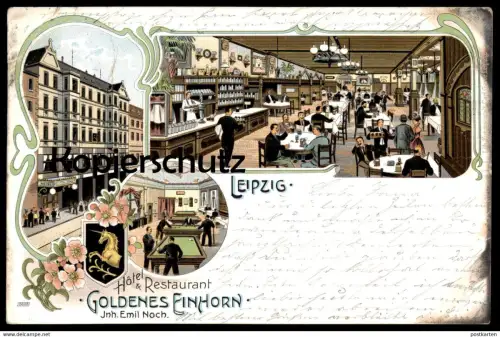 ALTE LITHO POSTKARTE LEIPZIG HOTEL & RESTAURANT GOLDENES EINHORN INHABER EMIL NOCH THEKE unicorn Billard billiards cpa