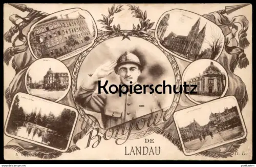 ALTE POSTKARTE BONJOUR DE LANDAU LE QUARTIER PARC MAXIMILIEN JOSEPH ÉGLISE Soldat soldier Uniform postcard Ansichtskarte