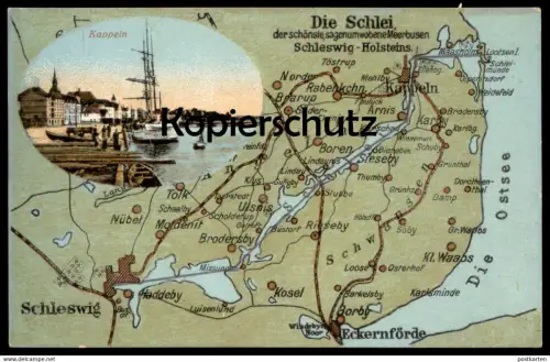 ALTE POSTKARTE KAPPELN SCHLEI DER SCHÖNSTE MEERBUSEN NORDEN BOREN RIESBY BORBY SCHLESWIG ECKERNFÖRDE Landkarte map cpa