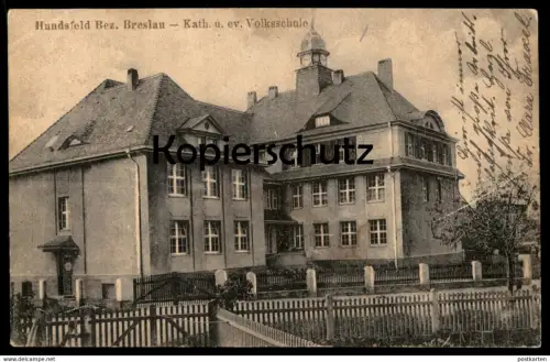 ALTE POSTKARTE HUNDSFELD BEZIRK BRESLAU KATH. & EV. VOLKSSCHULE Psie Pole Wroclaw Brassel Schlesien Ansichtskarte cpa