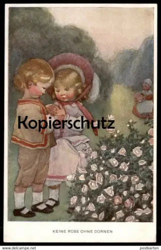 ALTE KÜNSTLER POSTKARTE KEINE ROSE OHNE DORNEN KINDER enfants children couple Blume Flower Fleur Flowers Rosen postcard