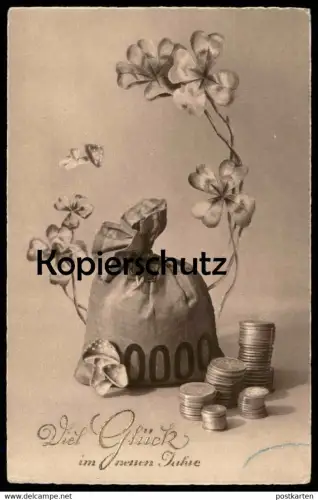 ALTE POSTKARTE VIEL GLÜCK IM NEUEN JAHRE NEUJAHR MÜNZEN GELD Geldsack money bag sac d'argent monnaie Fliegenpilz Pilz