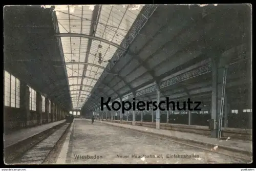 ALTE POSTKARTE WIESBADEN NEUER HAUPTBAHNHOF EINFAHRTSHALLEN Bahnhof gare station cpa postcard AK Ansichtskarte