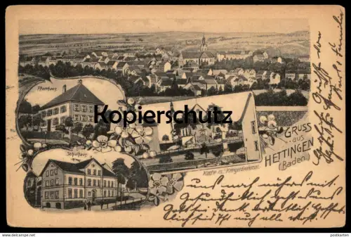 ALTE POSTKARTE GRUSS AUS HETTINGEN BADEN SCHULHAUS PFARRHAUS KIRCHE MIT KRIEGERDENKMAL Kreis Sigmaringen Ansichtskarte