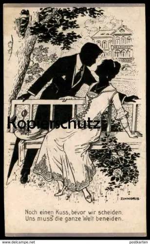 ALTE POSTKARTE ZINNORIS SCHATTENBILD NOCH EIN KUSS BEVOR WIR SCHEIDEN PAAR Couple kiss baiser Silhouette Schattenbilder