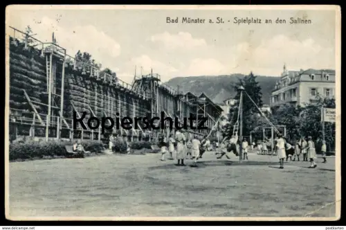 ALTE POSTKARTE BAD MÜNSTER AM STEIN SPIELPLATZ AN DEN SALINEN Kinder children Karussell Ebernburg playground aire de jeu