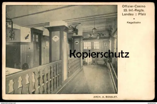 ALTE POSTKARTE LANDAU OFFIZIER-CASINO 23. INF. REGT. KEGELBAHN camp kegeln jeu de quilles quille ninepins bowling cpa AK