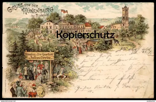 ALTE LITHO POSTKARTE GRUSS VON DER HÜNENBURG BEI BIELEFELD DREI KAISERTHURM JULIUS GREBE Fotograf Karussell photograph