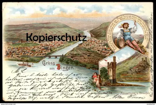 ALTE LITHO POSTKARTE GRUSS AUS BINGEN MÄUSETHURM & EHRENFELS NIXE ondine mermaid Meerjungfrau Brust nude breast postcard