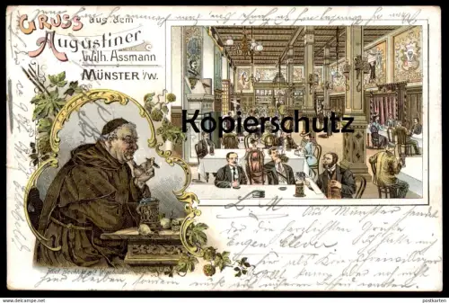 ALTE LITHO POSTKARTE GRUSS AUS DEM AUGUSTINER MÜNSTER Mönch monk moine Studenten studentika studentica cpa postcard AK