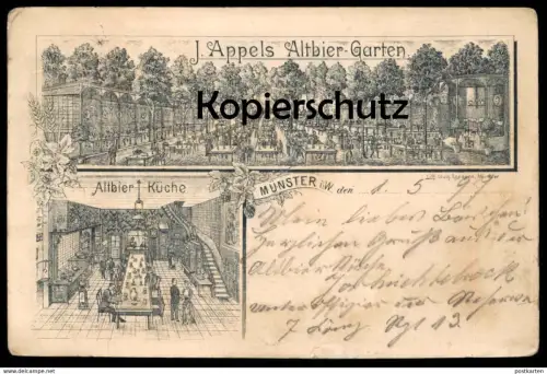 ALTE LITHO POSTKARTE MÜNSTER 1897 J. APPELS ALTBIER GARTEN ALTBIER KÜCHE Appel kitchen cuisine Ansichtskarte postcard